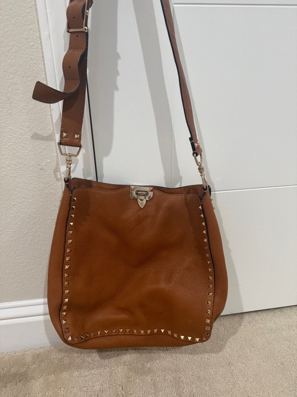 Valentino Stud-Trim Brown Leather Shoulder Bag